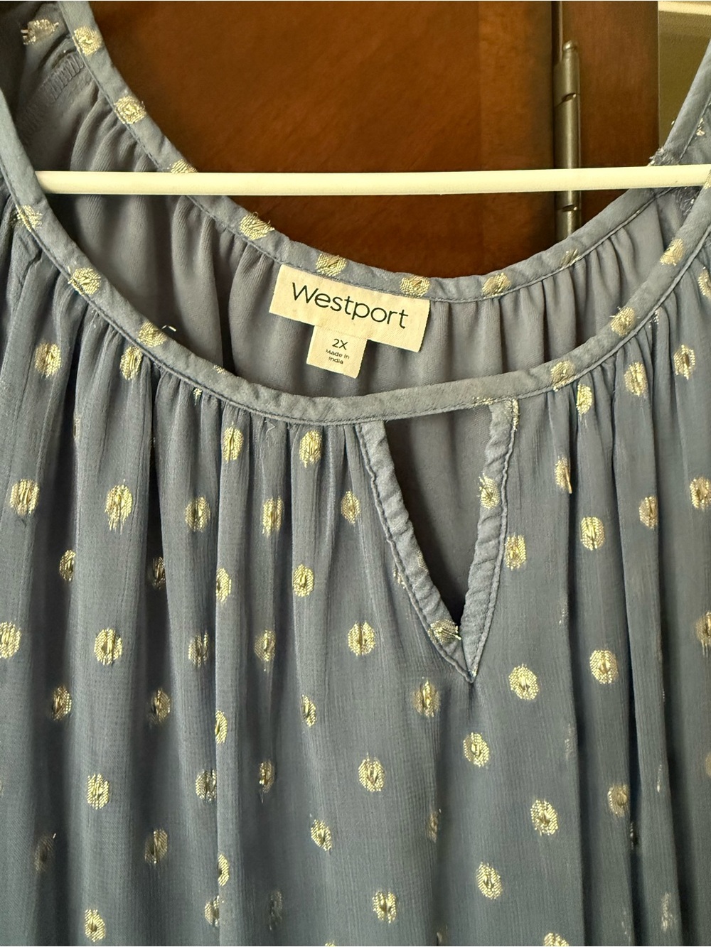 Westport Plus Size Dusty Blue Metallic Dot Peasant Tunic